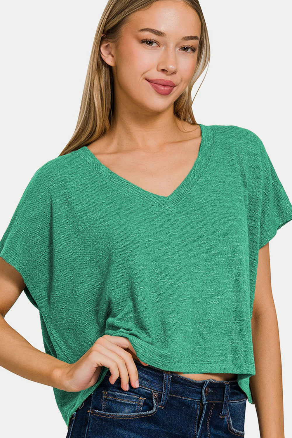 Zenana V-Neck Short Sleeve T-Shirt - Green