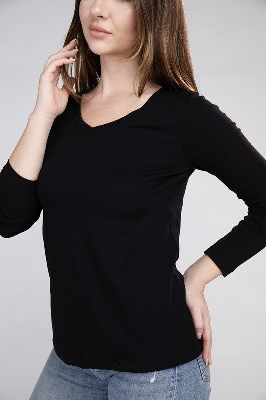 Cotton V-Neck Long Sleeve T-Shirt - Zenana