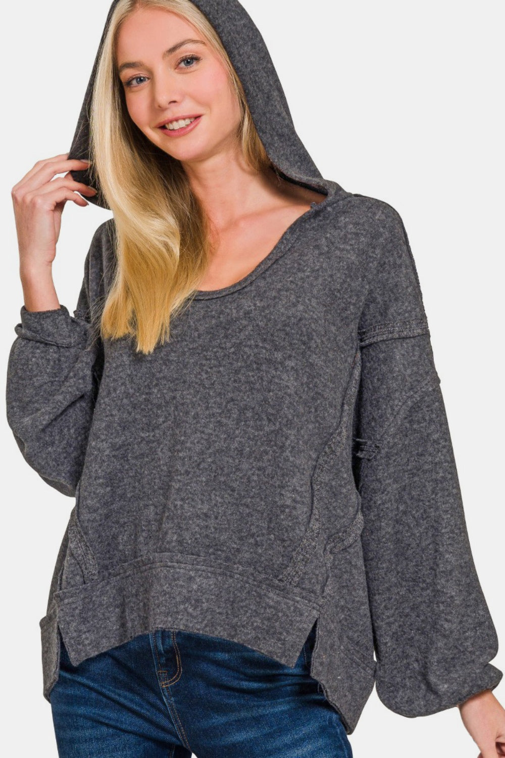 Zenana Brushed Hacci Exposed Seam Hoodie - Black