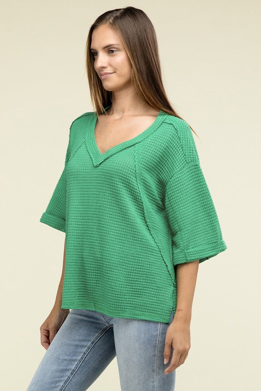 Brushed Waffle Exposed-Seam 3/4 Sleeve Top - Zenana