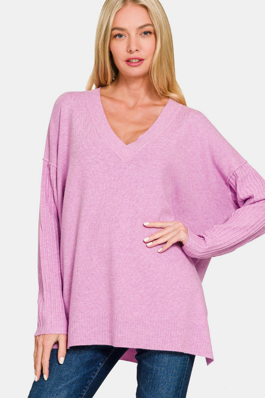 Zenana V-Neck Side Slit High-Low Sweater - Mauve