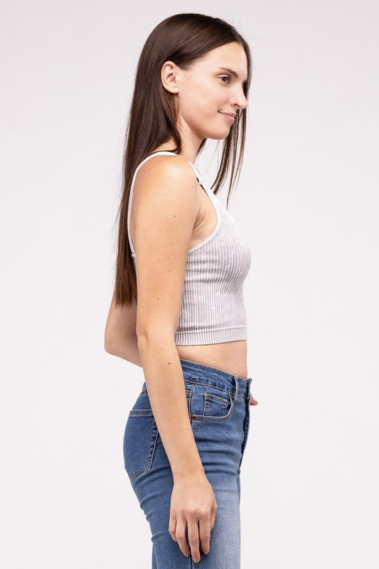 Washed Ribbed Cropped V-Neck Tank Top - Zenana