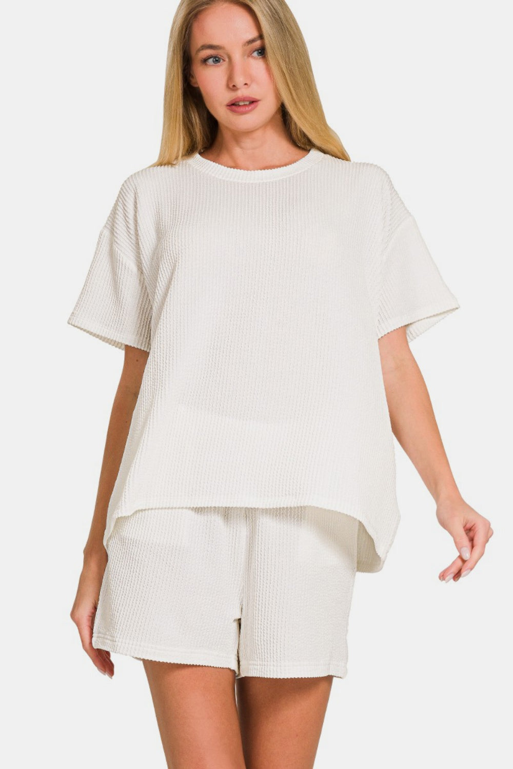 Zenana Rib Short Sleeve T-Shirt and Shorts Set - Off White