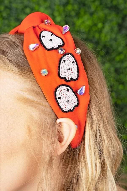 Ghost Rhinestone Halloween Top Knot Seed Beaded Handmade Headband 