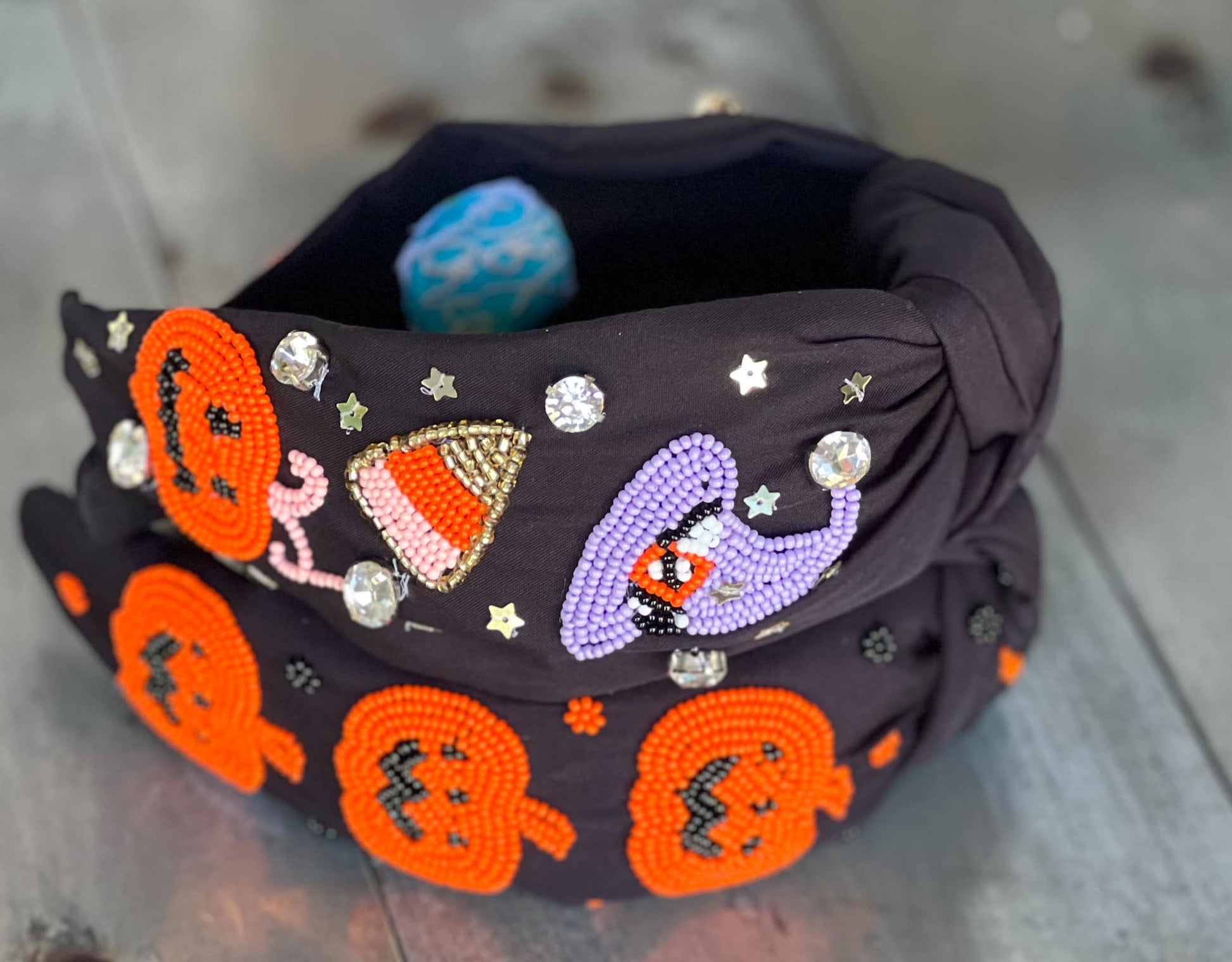Halloween Witch Hat Candy Corn Top Knot Seed Beaded Handmade Headband 