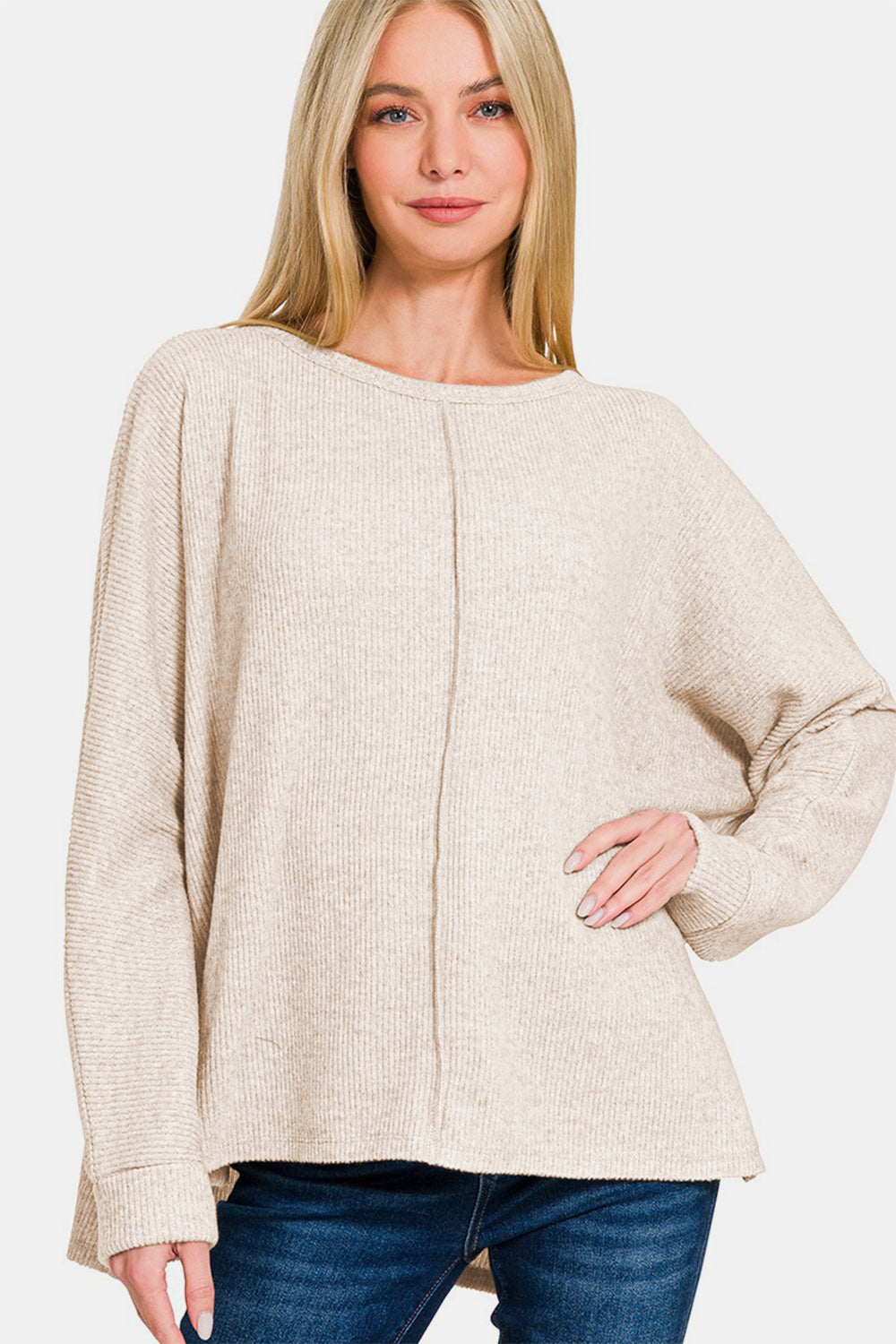 Zenana High-Low Side Slit Round Neck T-Shirt - Sand Beige