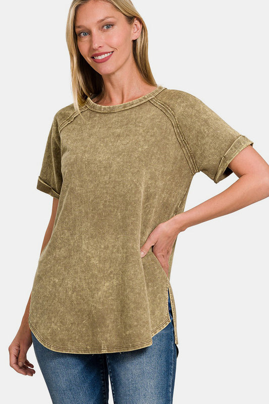 Zenana Heathered Round Neck Short Sleeve Top - Mocha