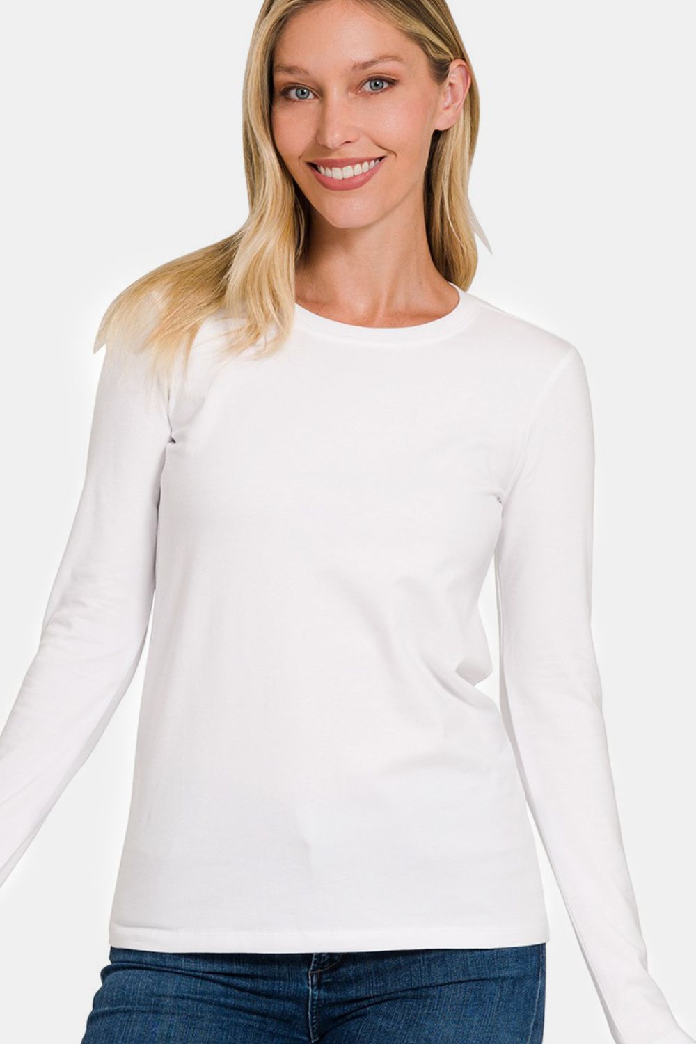 Zenana Full Size Solid Color Round Neck Long Sleeve T-Shirt - White