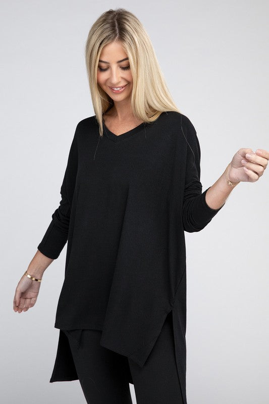 Dolman Long Sleeve V-Neck Side Slit Hi-Low Hem Top - Zenana