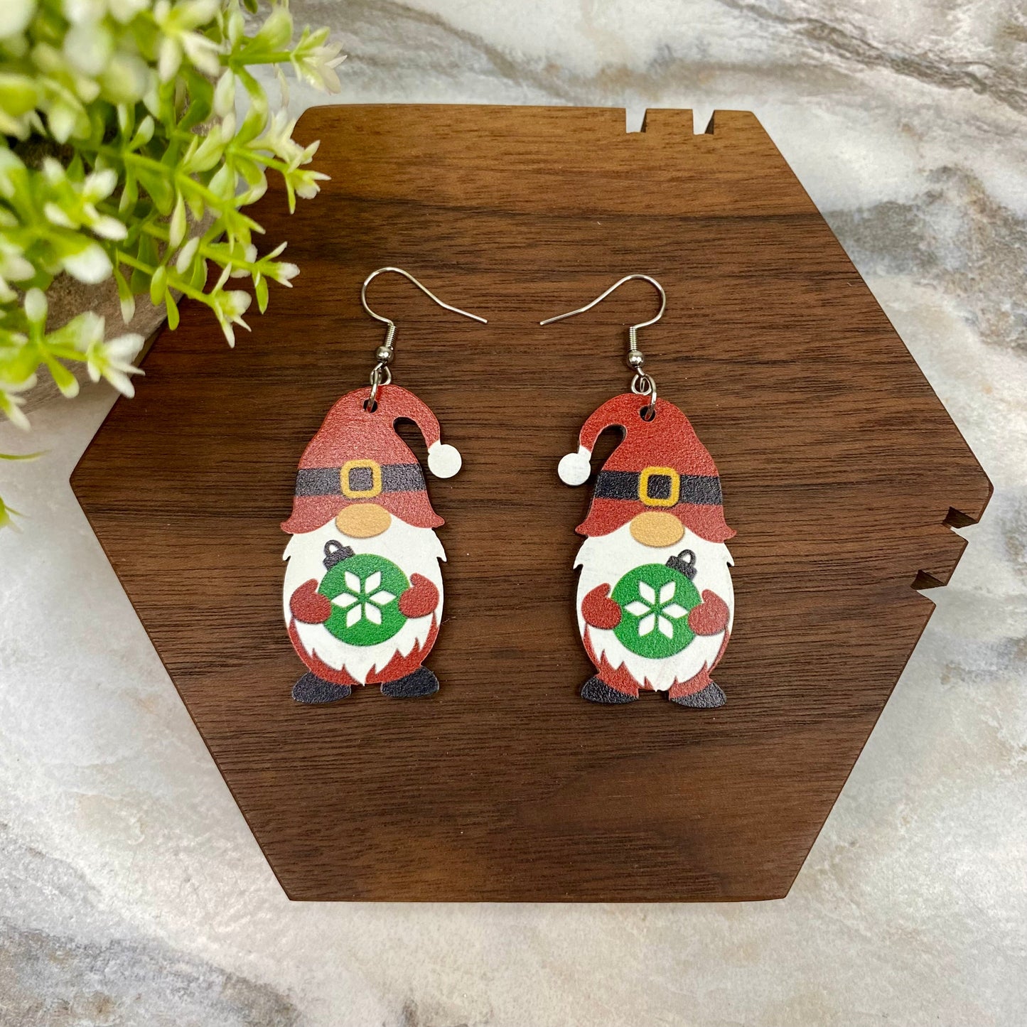 Wooden Dangle Earrings - Christmas - Gnome Ornament