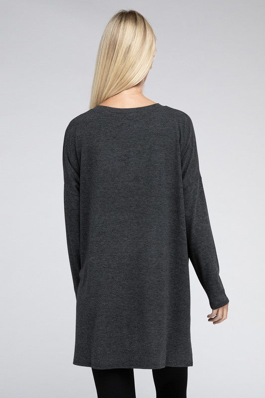 Dolman Long Sleeve V-Neck Side Slit Hi-Low Hem Top - Zenana