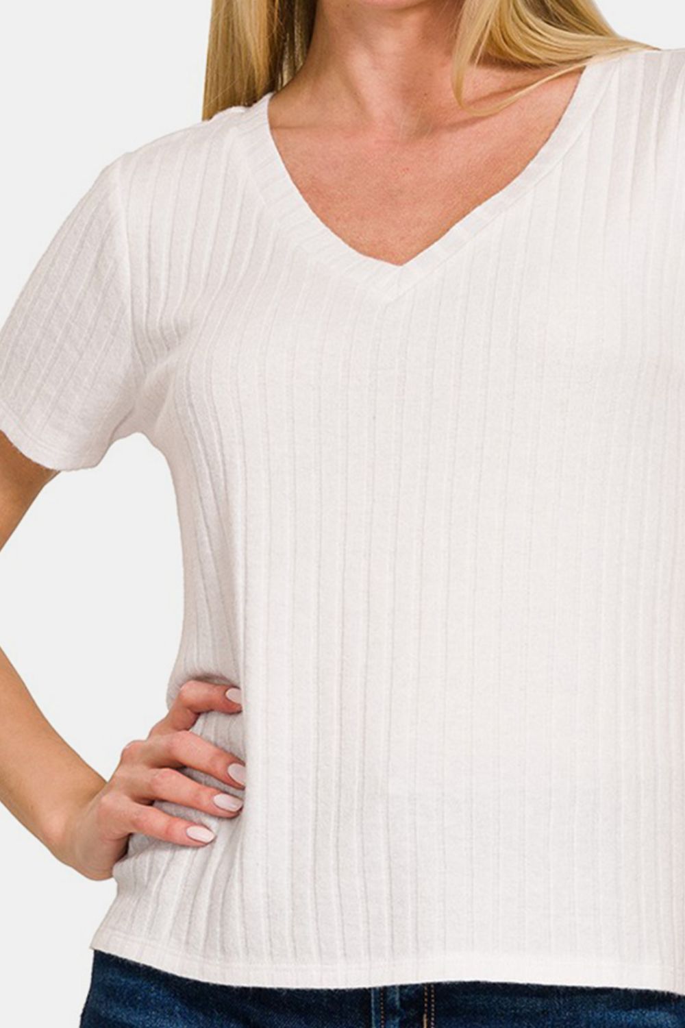 Zenana Ribbed Short Sleeve T-Shirt - Off White