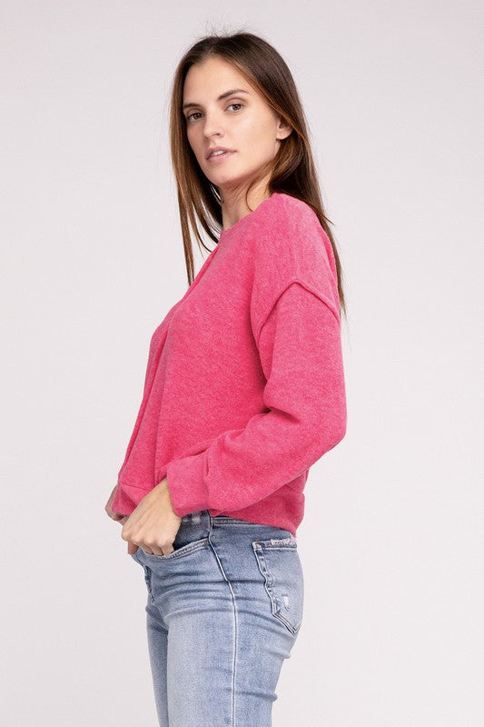 Brushed Melange Hacci Hi-Low Hem Sweater - Zenana