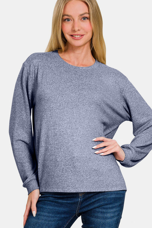 Zenana Hacci Round Neck Long Sleeve T-Shirt - Light Navy