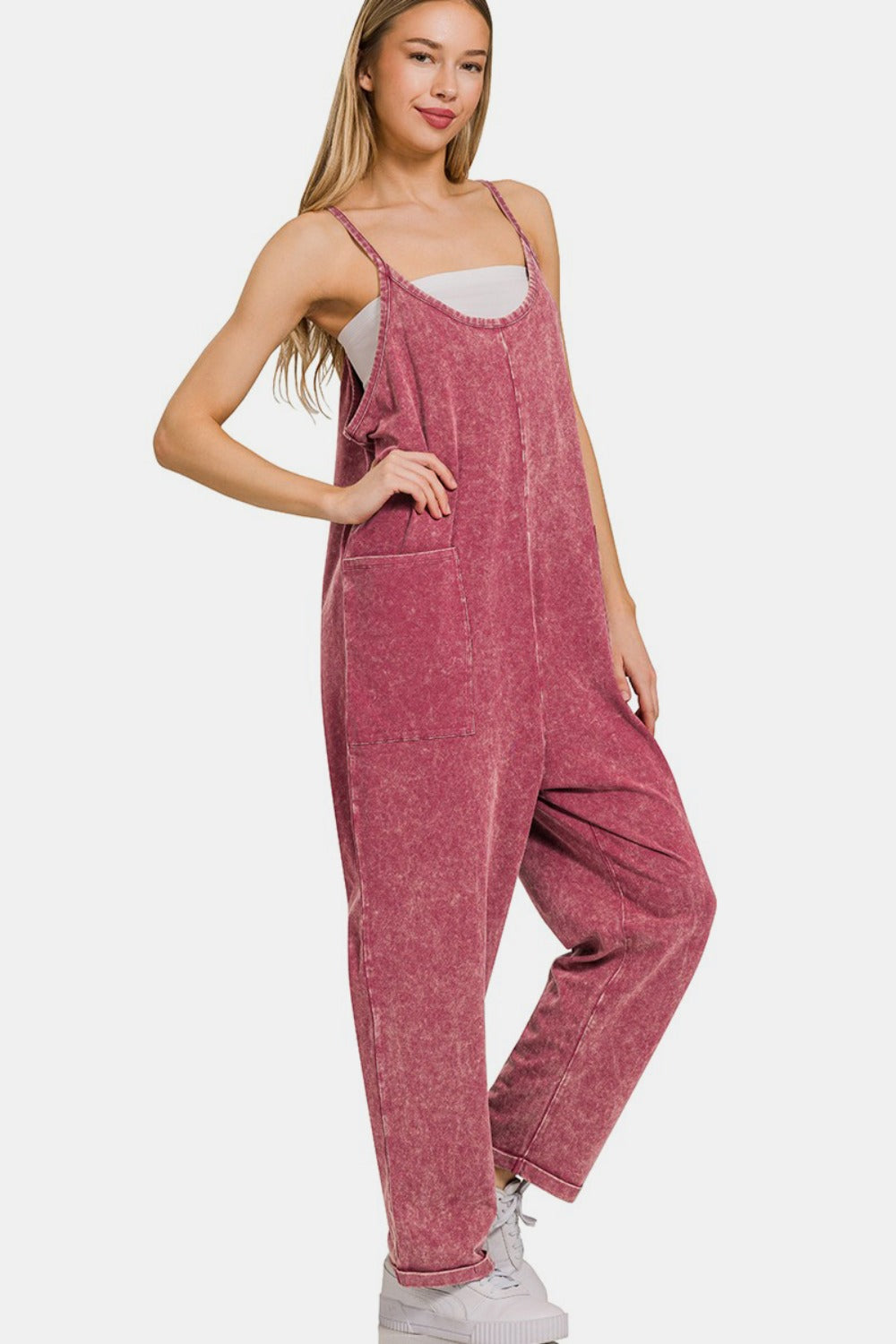 Zenana Washed Spaghetti Straps Overalls with Pockets - Burgundy