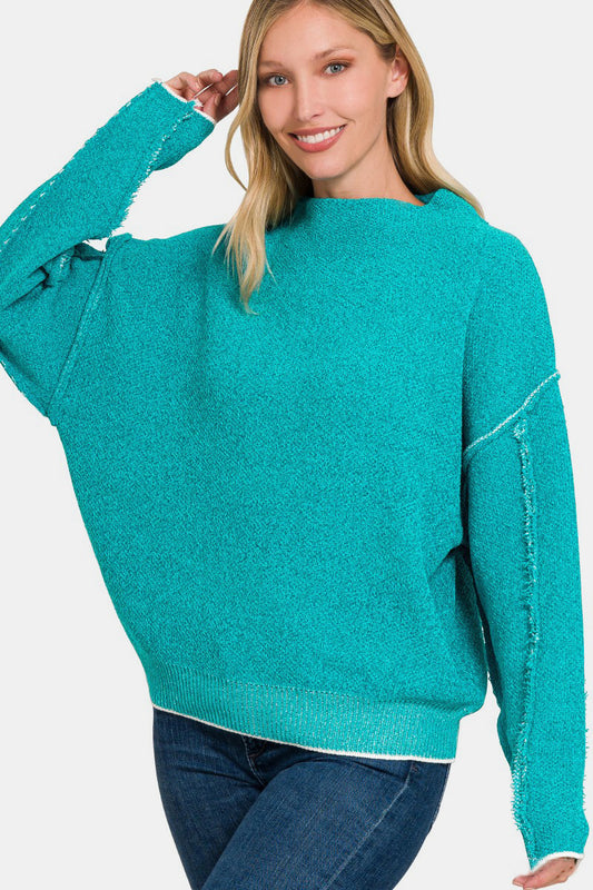 Zenana Exposed Seam Mock Neck Long Sleeve Sweater - Lt. Teal