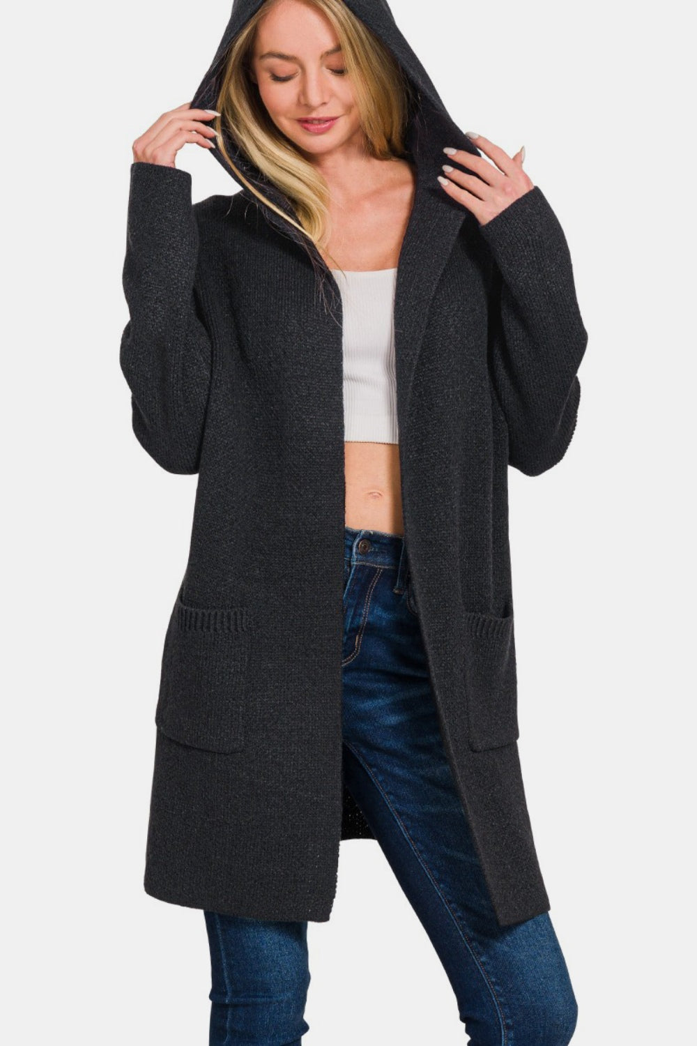 Zenana Hooded Open Front Sweater Cardigan - Black