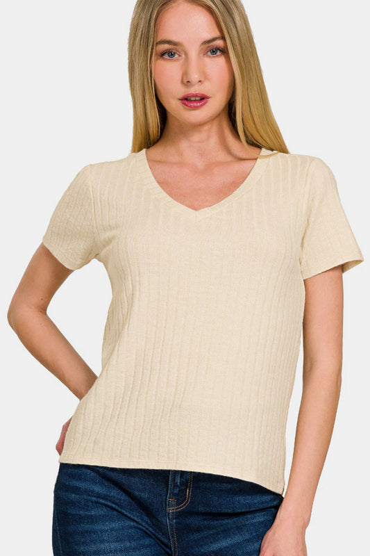 Zenana Ribbed Short Sleeve T-Shirt - Sand beige