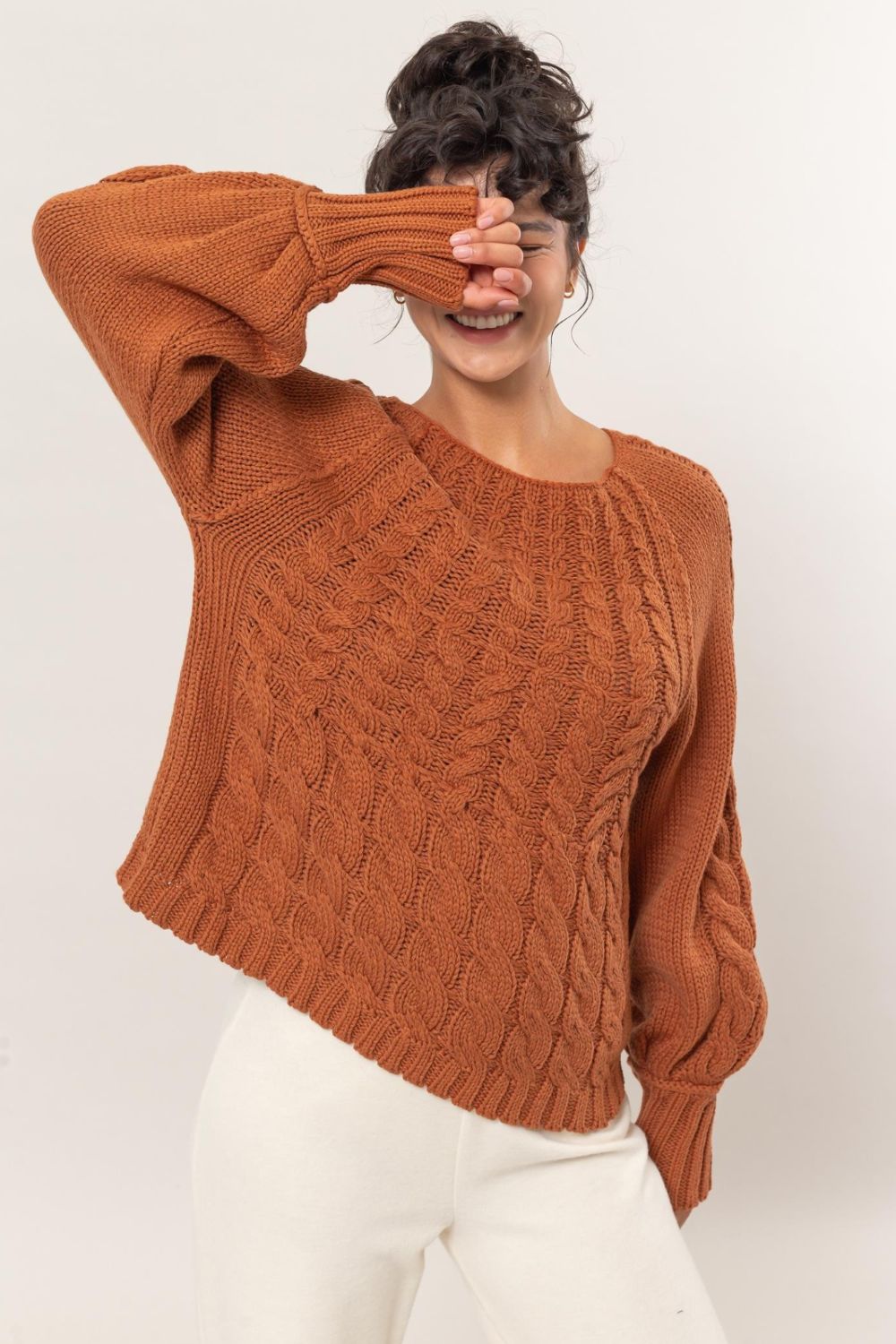 HYFVE Cable-Knit Round Neck Raglan Sleeve Sweater - Rust