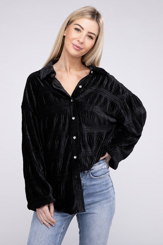 Wrinkle Effect Tiered Shirring Velvet Shirt - BiBi