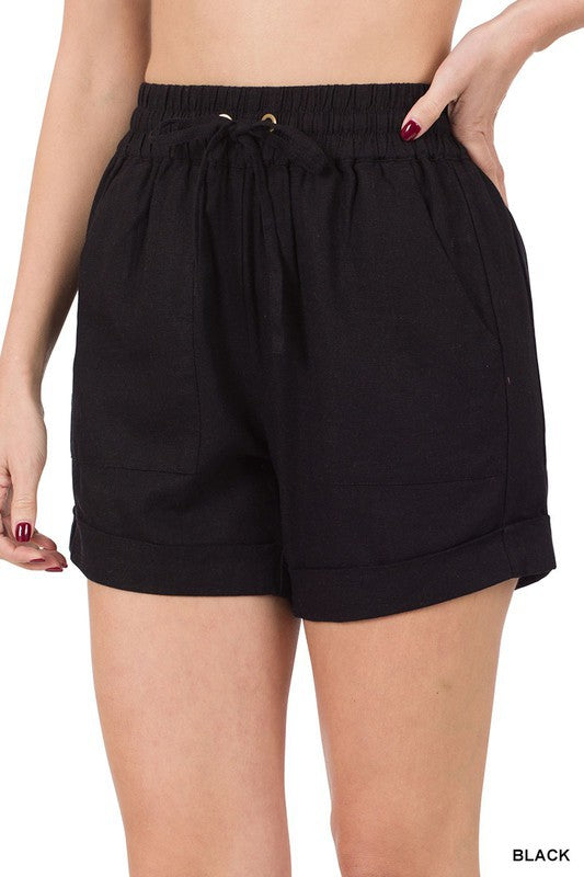 Linen Drawstring-Waist Shorts with Pockets - Zenana