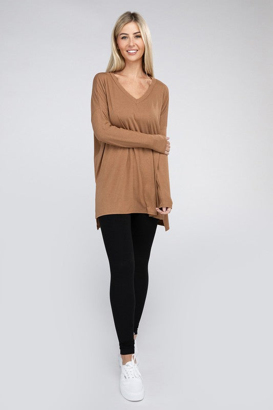 Dolman Long Sleeve V-Neck Side Slit Hi-Low Hem Top - Zenana