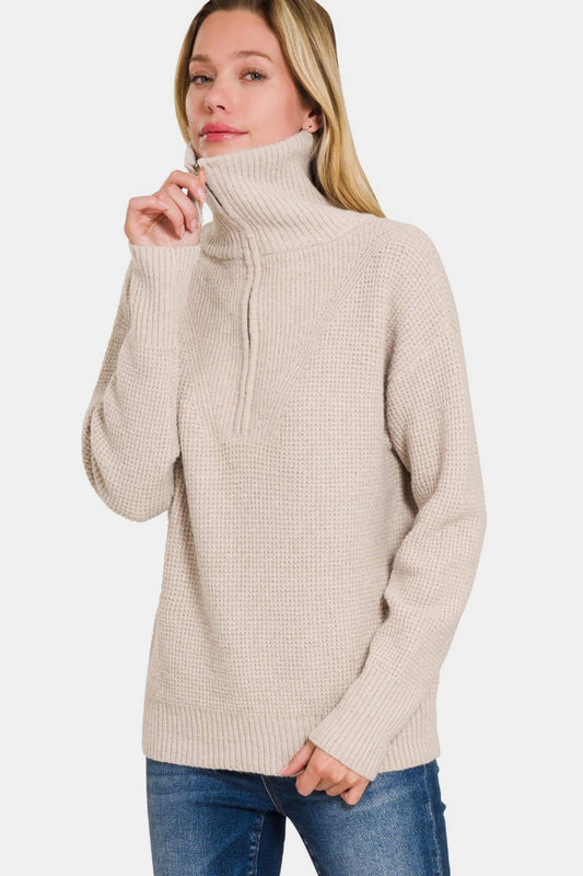 Zenana Half Zip Long Sleeve Sweater - Mocha