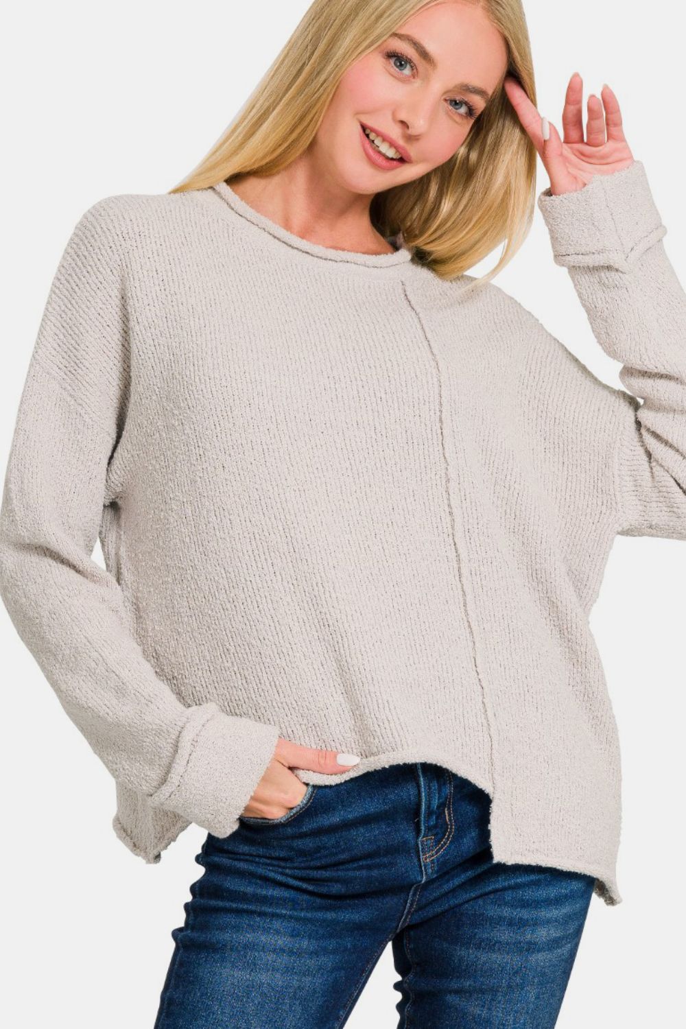 Zenana Asymmetric Hem Drop Shoulder Sweater - Bone