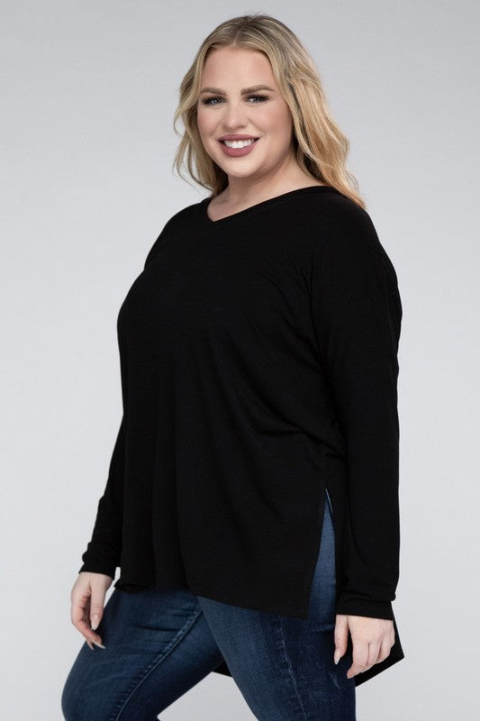 Plus Dolman Sleeve V-Neck Side Slit Hi-Low Hem Top - Zenana