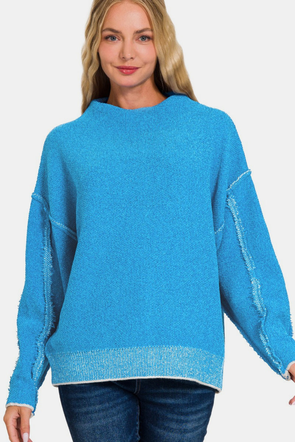 Zenana Exposed Seam Mock Neck Long Sleeve Sweater - Deep Sky