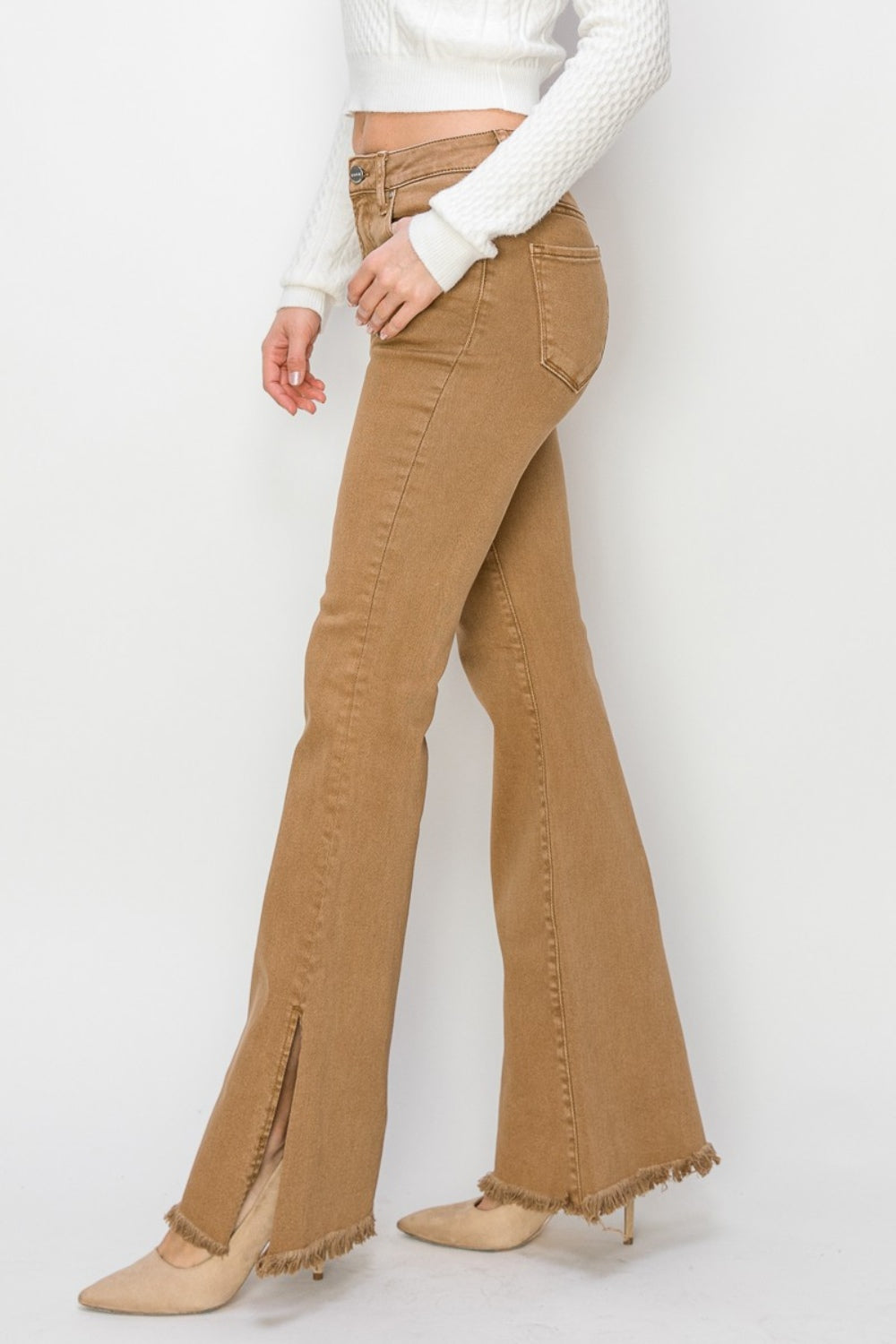 RISEN Bailey Full Size High Waist Side Slit Flare Jeans - Brown