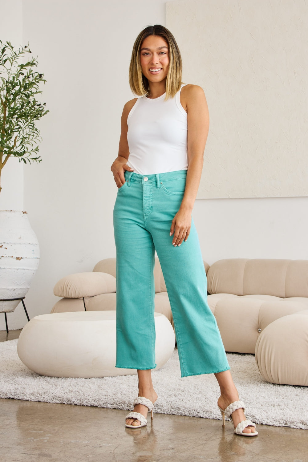 RFM Crop Chloe Full Size Tummy Control High Waist Raw Hem Jeans - Island Green