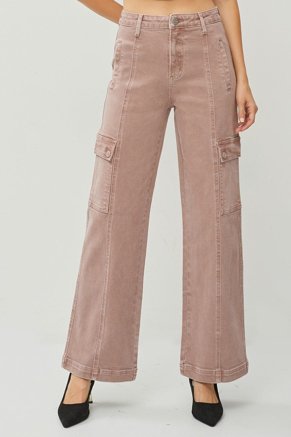 RISEN Full Size High Rise Wide Leg Cargo Jeans - Mauve