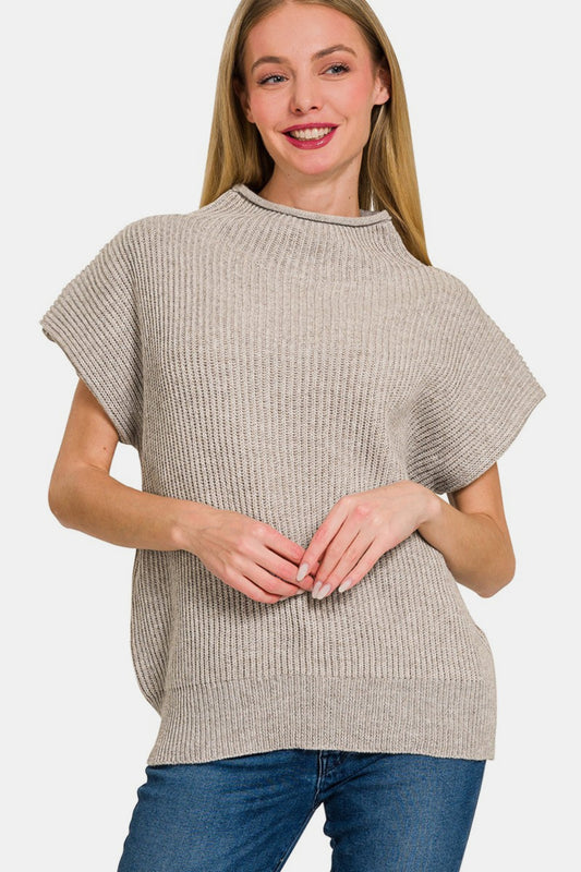 Zenana Short Sleeve Mock Neck Sweater - Mocha