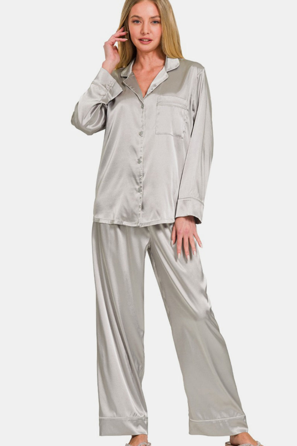 Zenana Satin Long Sleeve Shirt and Pants Pajama Set - Silver