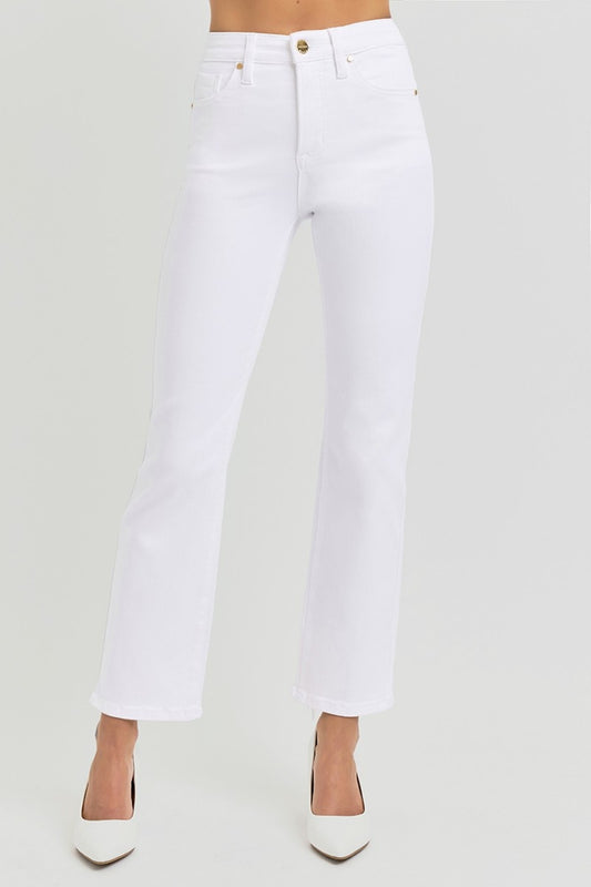 RISEN Full Size Tummy Control Elastic Band High Rise Crop Straight Jeans - White