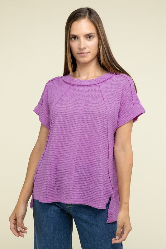 Brushed Waffle Exposed-Seam Short Sleeve Top - Zenana