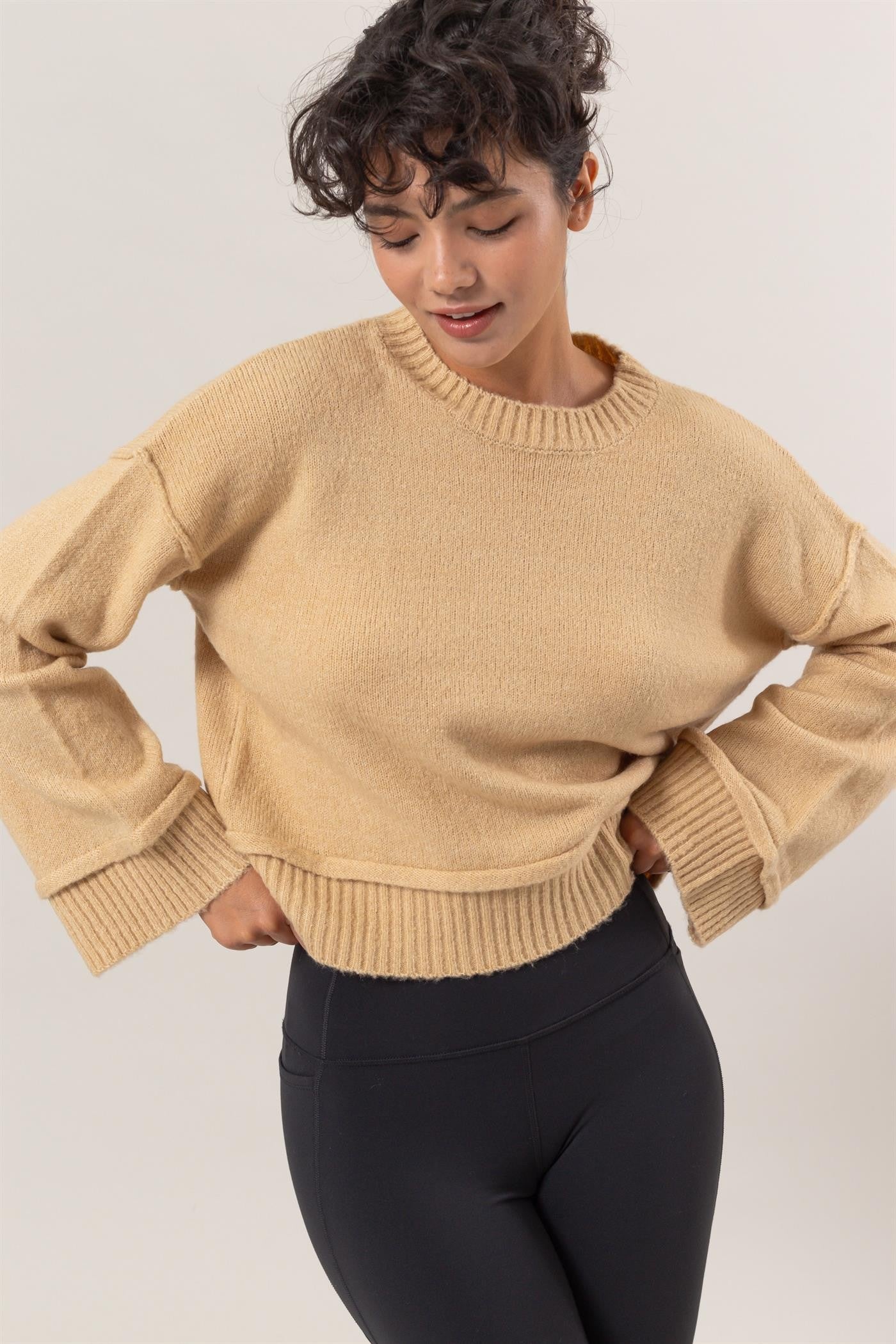 HYFVE Round Neck Dropped Shoulder Ribbed Sweater - Taupe