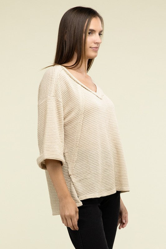 Brushed Waffle Exposed-Seam 3/4 Sleeve Top - Zenana