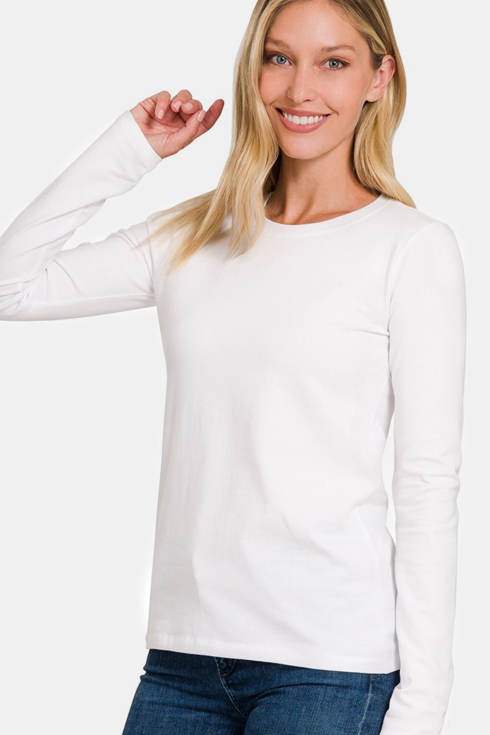 Zenana Full Size Solid Color Round Neck Long Sleeve T-Shirt - White