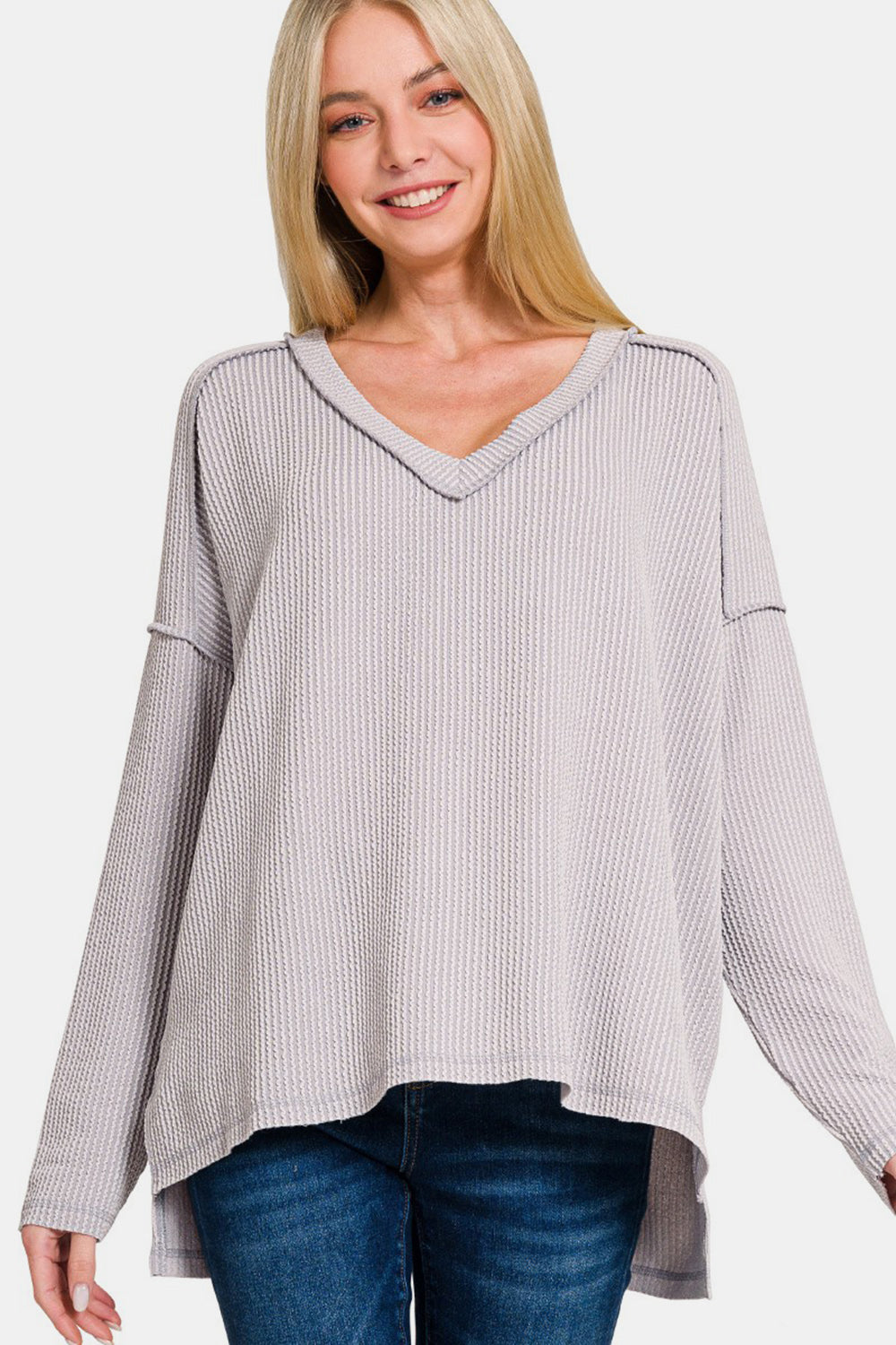 Zenana Texture Exposed Seam V-Neck Long Sleeve T-Shirt - Light Gray