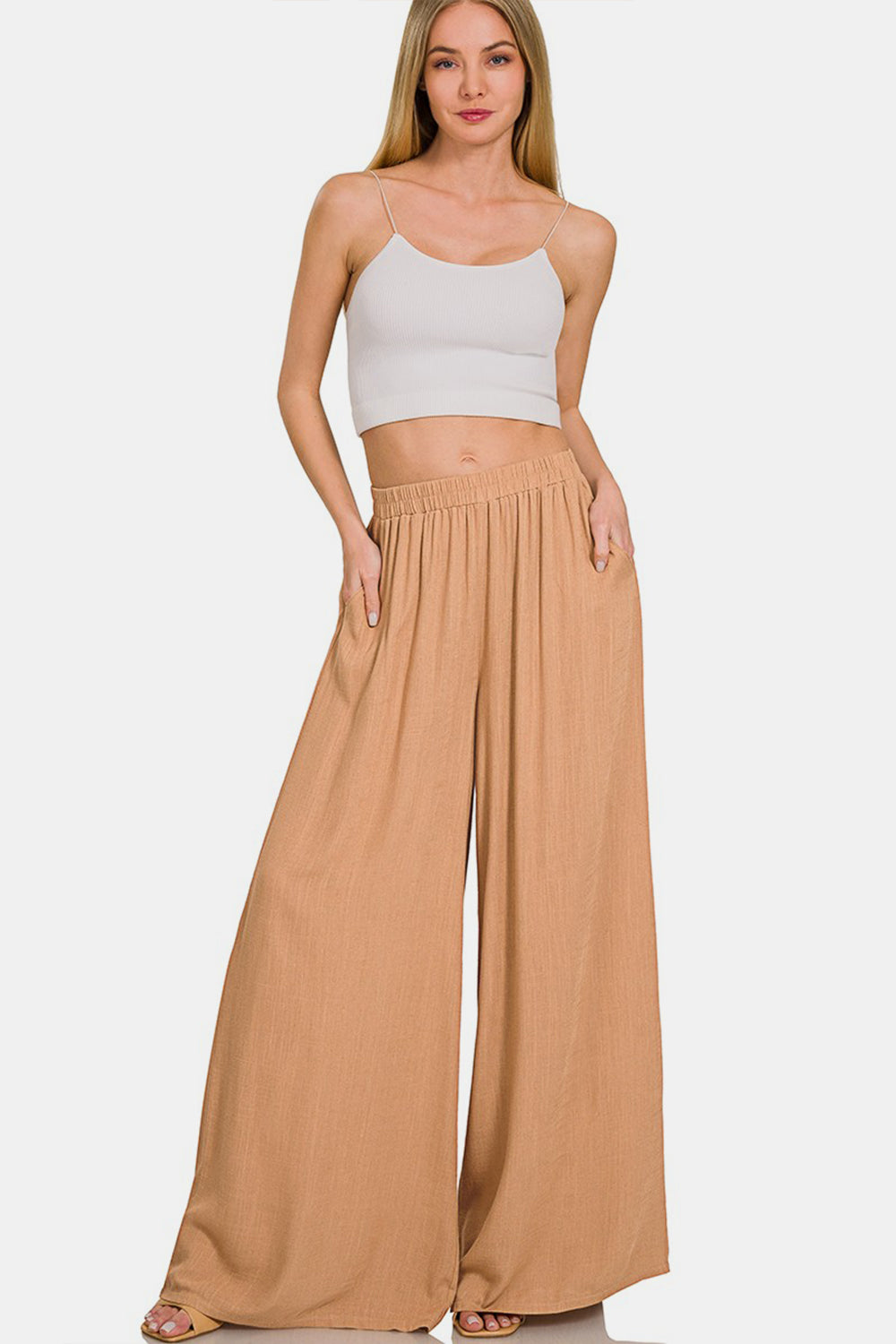 Zenana Pleated Linen Blend Wide Leg Pants - Dk Brush