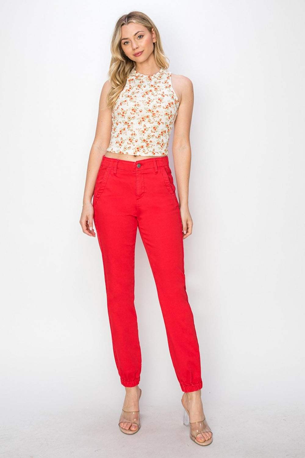 RISEN Full Size High Waisted Jogger Jeans - Scarlet