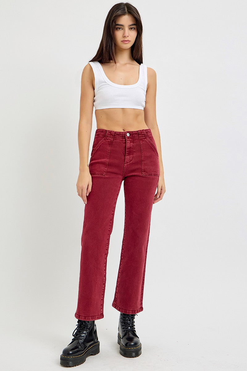 RISEN Full Size High Rise Straight Jeans with Patch Pockets - Wine