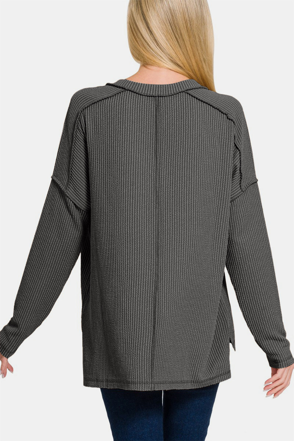 Zenana Texture Exposed Seam V-Neck Long Sleeve T-Shirt - Charcoal