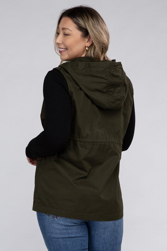 Plus Drawstring Waist Military Hoodie Vest - Zenana