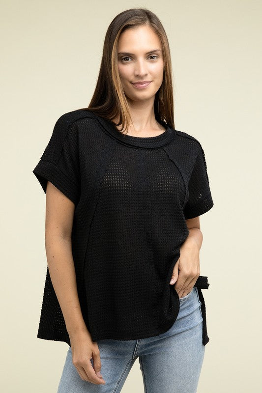 Brushed Waffle Exposed-Seam Short Sleeve Top - Zenana