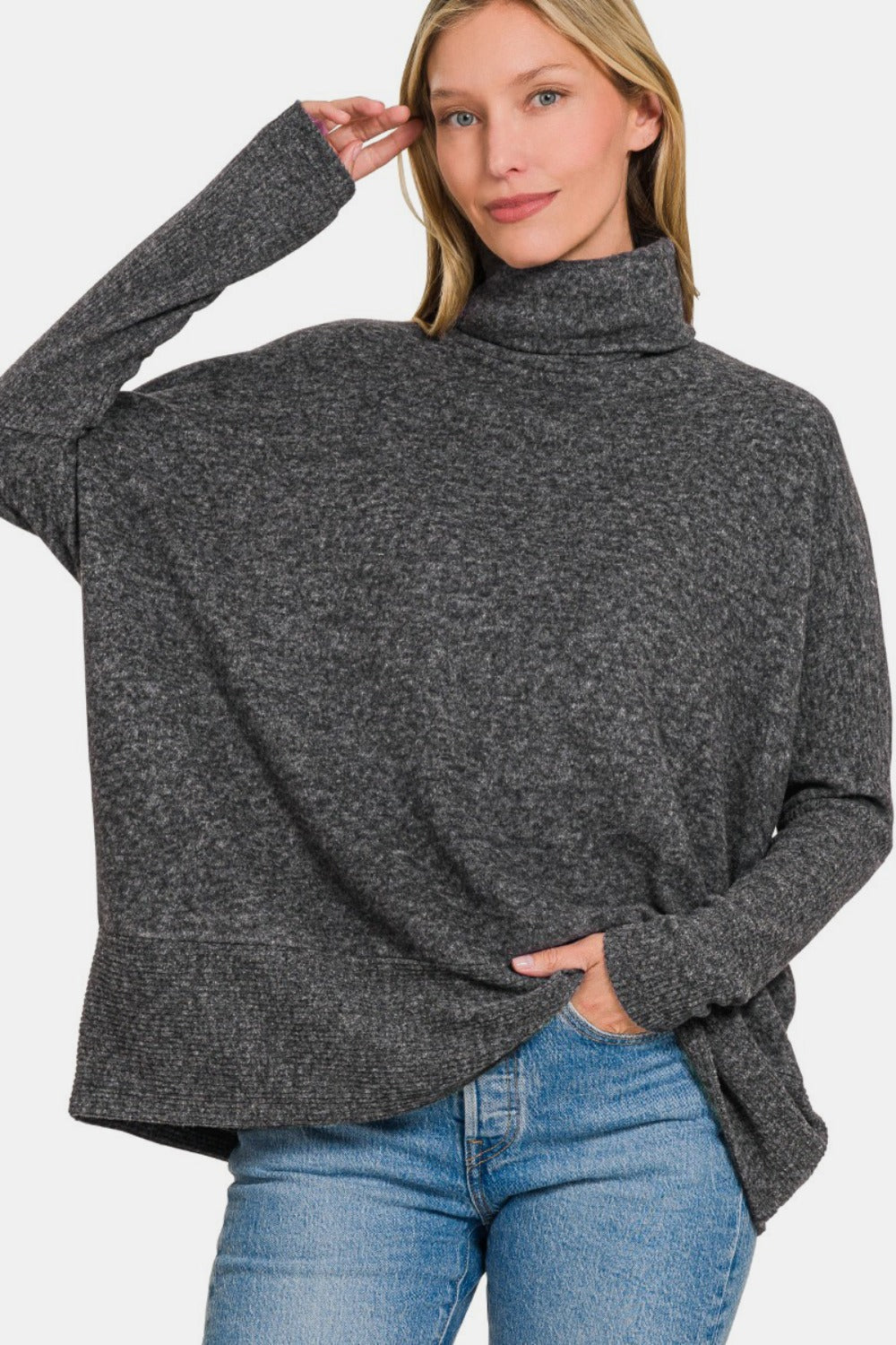 Zenana Full Size Brushed Melange Hacci Turtleneck Sweater - Black