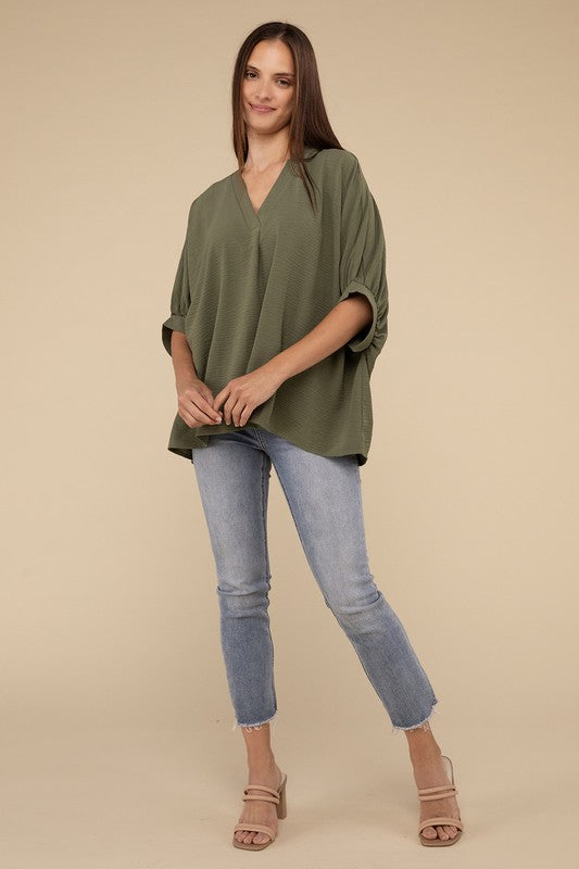 Woven Airflow V-Neck Puff Half Sleeve Top - Zenana