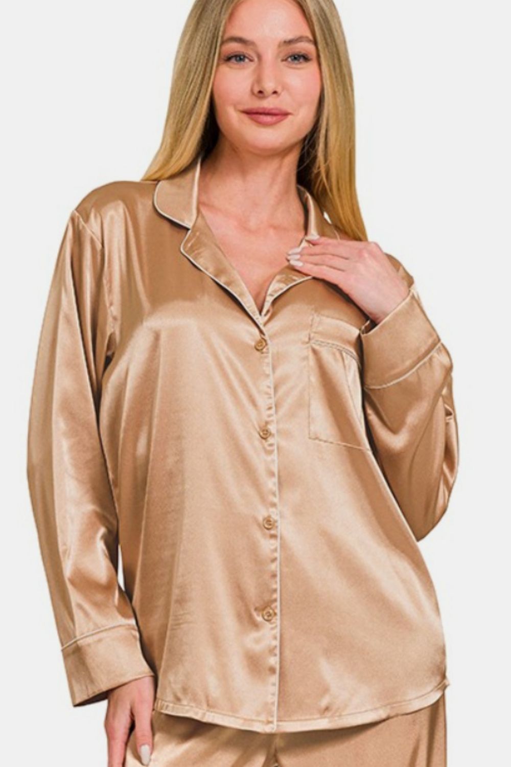 Zenana Satin Long Sleeve Shirt and Pants Pajama Set - Brush